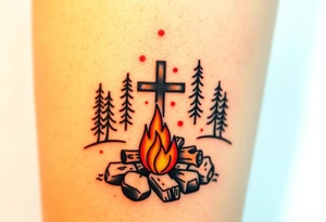 Campsite with a campfire with a cross tattoo idea