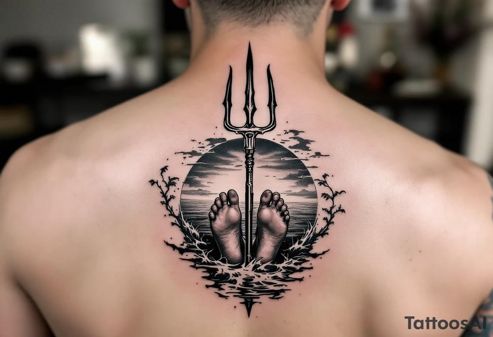 barefeet behind trident with water and sunset tattoo idea