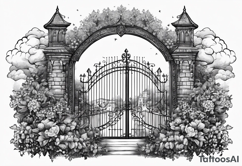 night medieval town garden open gate entrance 
 in circle vignette surrounded by clouds floral tattoo idea