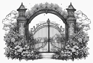 night medieval town garden open gate entrance 
 in circle vignette surrounded by clouds floral tattoo idea