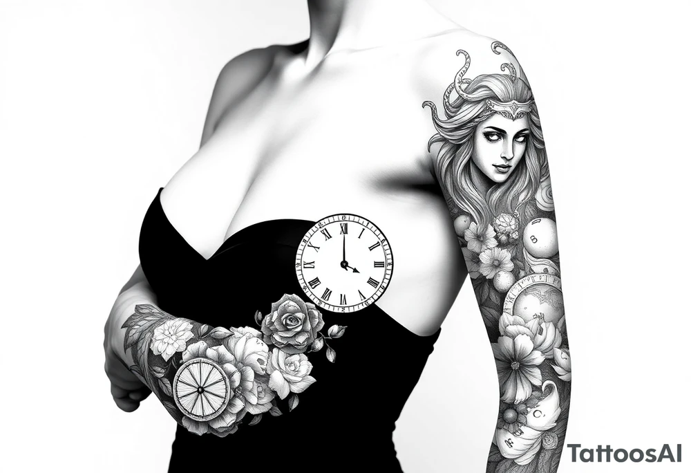 powerful Greek Goddess tattoo sleeve. add big pieces of greek goddess like medusa and Athena and add some piece in there of the weight scale and clocks and maybe little lettering in there. make it not super dark work use Pinterest inspiration. tattoo idea