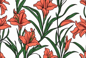 a thin narrow gladiolus stalk. green leaves. coral-colored flowers with deep red centers. tattoo idea