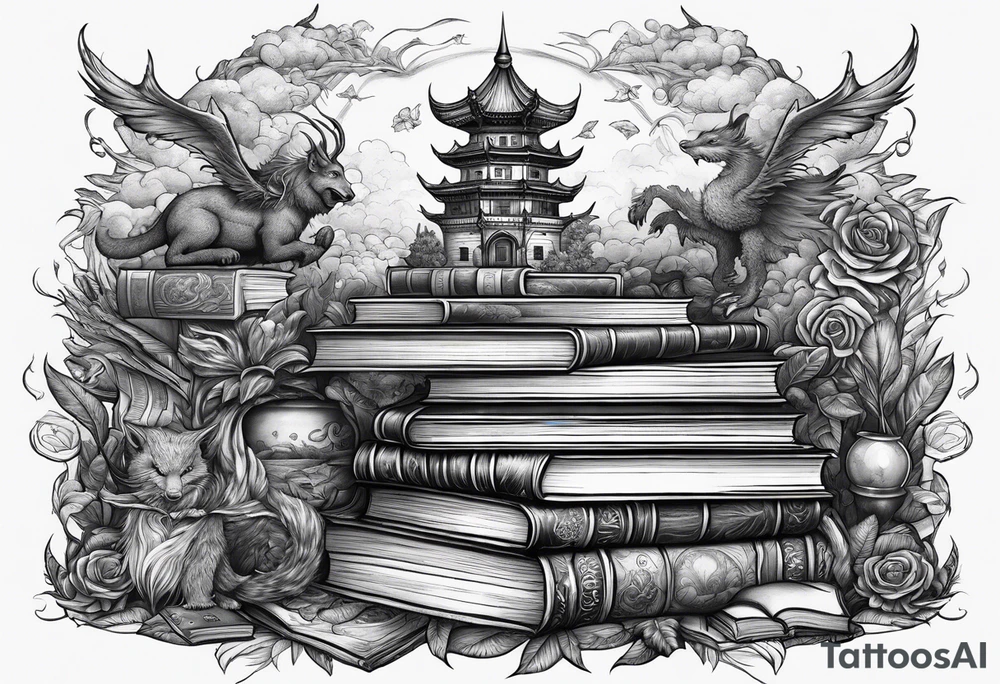 Stack of books surrounded by fantasy creatures tattoo idea