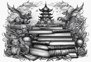 Stack of books surrounded by fantasy creatures tattoo idea