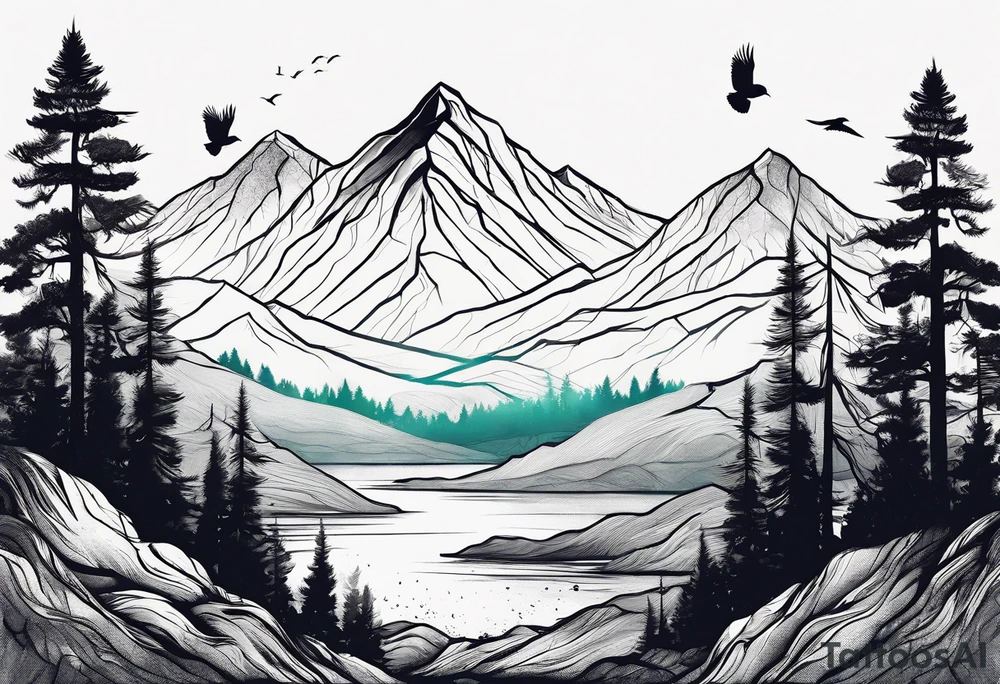 A mountain scape with trees. 5 silhouettes of birds. tattoo idea