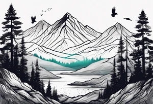 A mountain scape with trees. 5 silhouettes of birds. tattoo idea