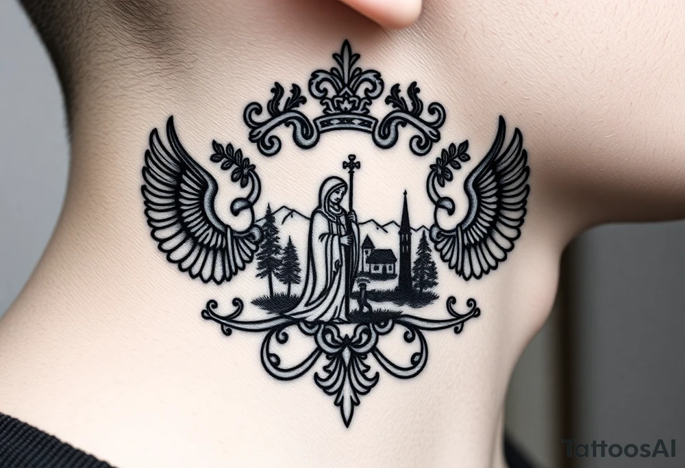 Traditional authentic Russian coat of arms with a Christian orthodox virgin marry in the middle and silhouette in a Russian wilderness Christian orthodoxy village setting tattoo idea