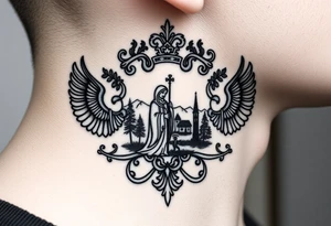 Traditional authentic Russian coat of arms with a Christian orthodox virgin marry in the middle and silhouette in a Russian wilderness Christian orthodoxy village setting tattoo idea