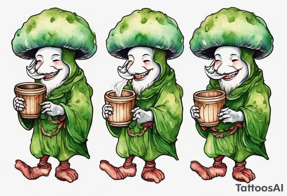 a mushroom person with a smiling green furry face wearing a medieval tunic drinking from a wood cup tattoo idea