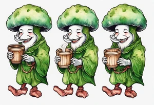 a mushroom person with a smiling green furry face wearing a medieval tunic drinking from a wood cup tattoo idea
