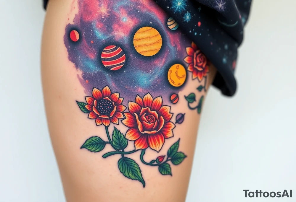 Milky way galaxy .. planets with zodiac symbols and protection runes with red roses and sunflowers tattoo idea