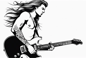 long hair rock man playing electric guitar tattoo idea