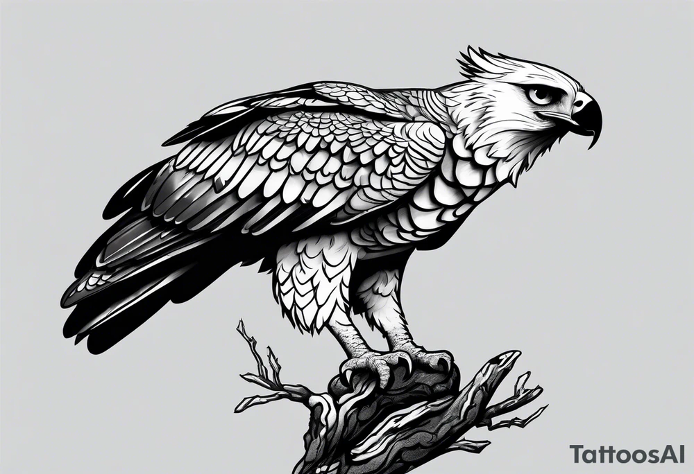 Harpy eagle perched on a branch tattoo idea