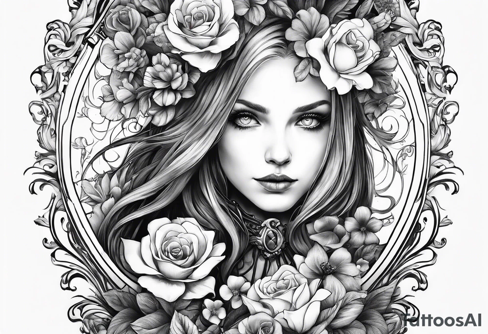 Alice through the looking glass with flowers everywhere tattoo idea Alice through the looking glass with flowers everywhere tattoo idea