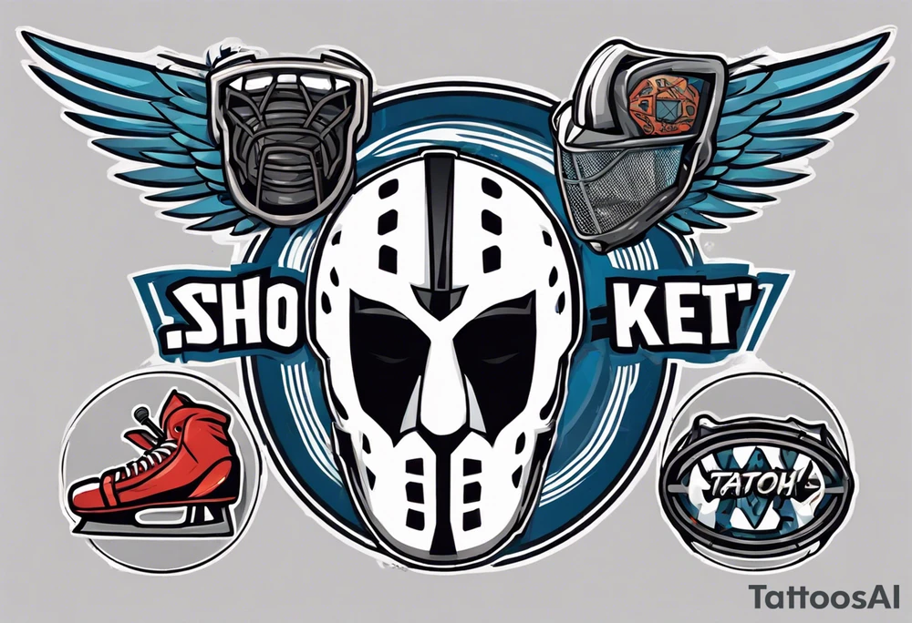 hockey puck with wings and a goalie mask that says "SHOT HOCKEY" tattoo idea