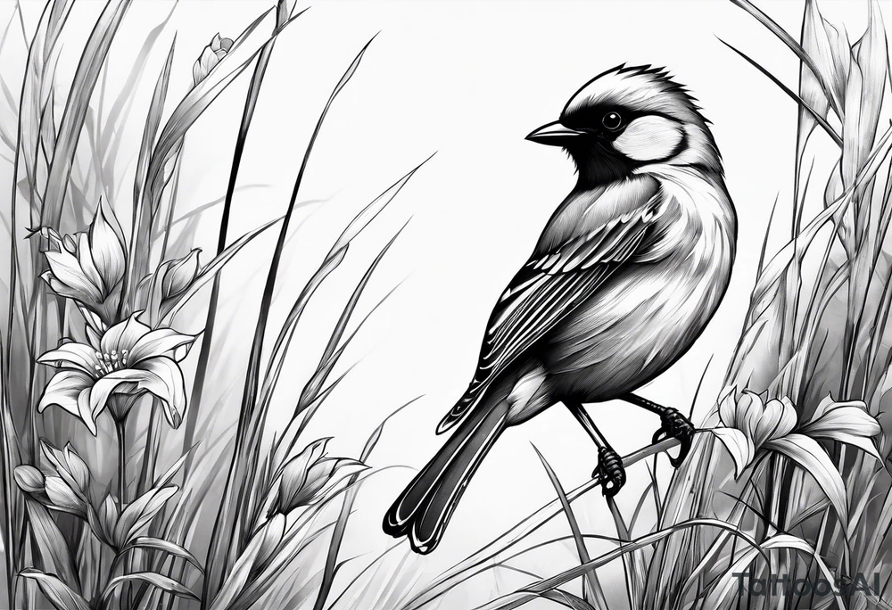 little bird perched on tall grass tattoo idea