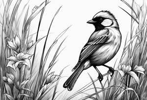 little bird perched on tall grass tattoo idea