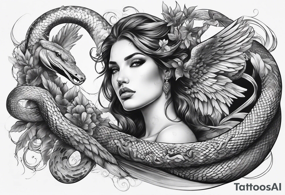 Arm sleeve with angels killing a snake. tattoo idea
