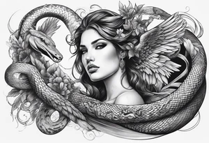 Arm sleeve with angels killing a snake. tattoo idea