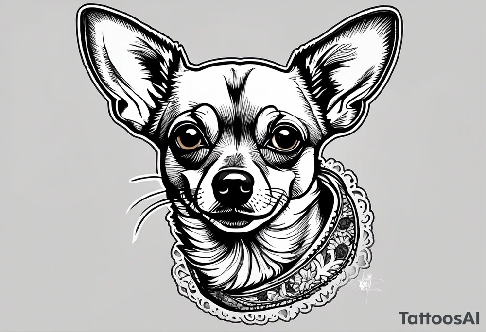 Portrait of short haired tan deer head chihuahua-corgi mix dog with paw print and phrase “loving you changed my life, losing you did the same.” tattoo idea
