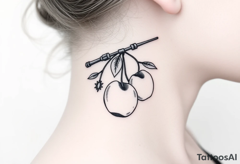 Girly fishing rod with something showcasing South Carolina peaches dangling from it tattoo idea