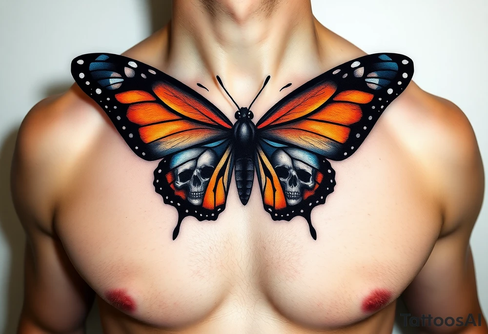 powerful majestic and dark monarch butterfly with  graffiti skull detail as the body hidden skulls in wings, skull detail making the body of the butterfly with a horror style effect, including blue,  orange and white colouring
placement on chest at collarbone tattoo idea