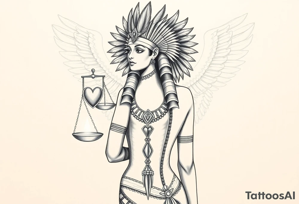 Beautiful Egyptian goddess with a curvy sexy body. She is wearing an ostrich feather headdress, and intricate ancient Egyptian jewelry the Anhk necklace. Background includes something similar to heaven. Incorporate the Scales of Justice—one side holding a heart, the other Ma’at’s feather—glowing with ethereal energy. Emphasize dramatic lighting, deep shadows, and surreal, mystical atmosphere tattoo idea