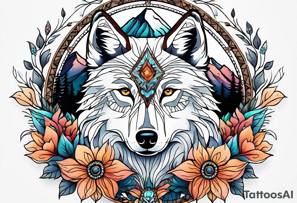 A whimsical wolf tattoo featuring mandala or dream catcher elements, with the wolf as the central focus. Show the wolves whole body standing surrounded by mountains in the background. Include flowers and nature elements to fill the space around the wolf. Some color but not completely solid bold color tattoo idea
