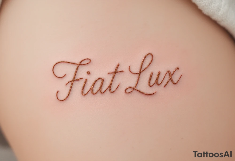 "Fiat Lux" (Let there be light), in cursive using light gold ink and pale gray shadows for contrast. tattoo idea