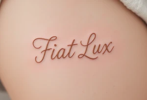 "Fiat Lux" (Let there be light), in cursive using light gold ink and pale gray shadows for contrast. tattoo idea