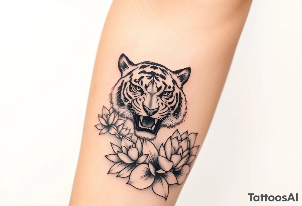 fierce tiger emerging through blooming lotus flowers in mist tattoo idea