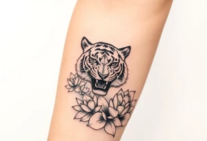 fierce tiger emerging through blooming lotus flowers in mist tattoo idea