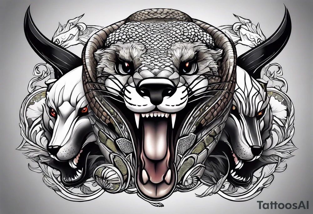 Three headed snake and honey badger tattoo idea