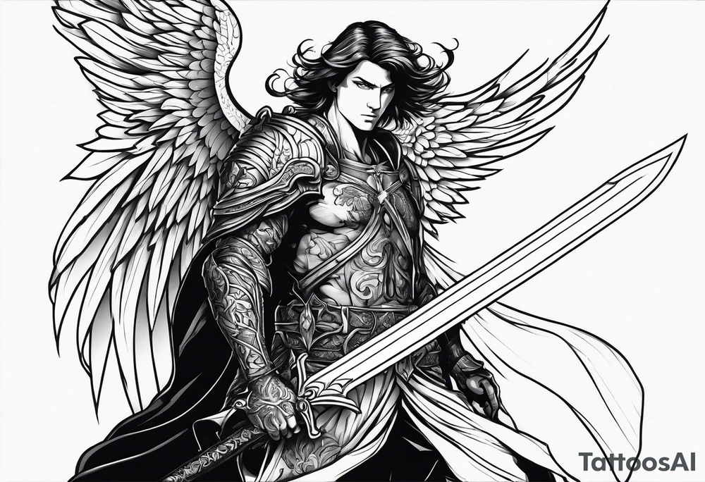 Arch angel fighting sword male full body heavenly tattoo idea
