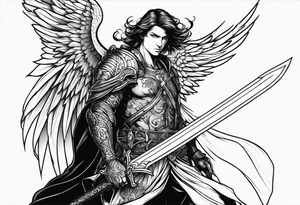 Arch angel fighting sword male full body heavenly tattoo idea