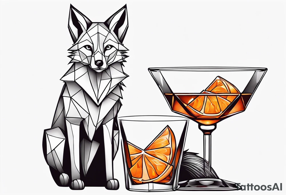 Geometric cool fox with one Negroni in short lowball cocktail glass with ice and orange peel tattoo idea