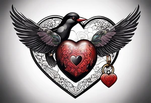 heart locket with black bird flying away with key tattoo idea