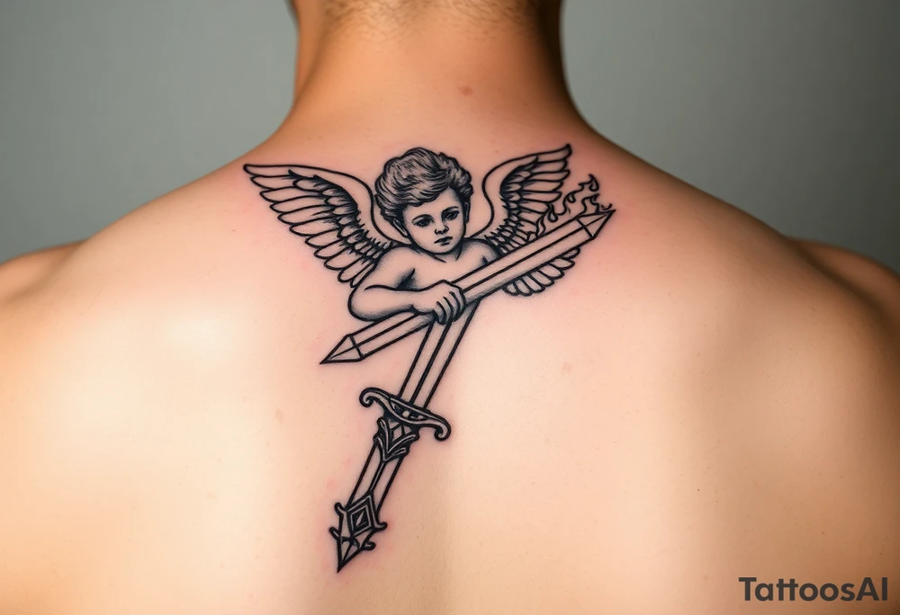 Cherub with flaming sword hand tattoo tattoo idea