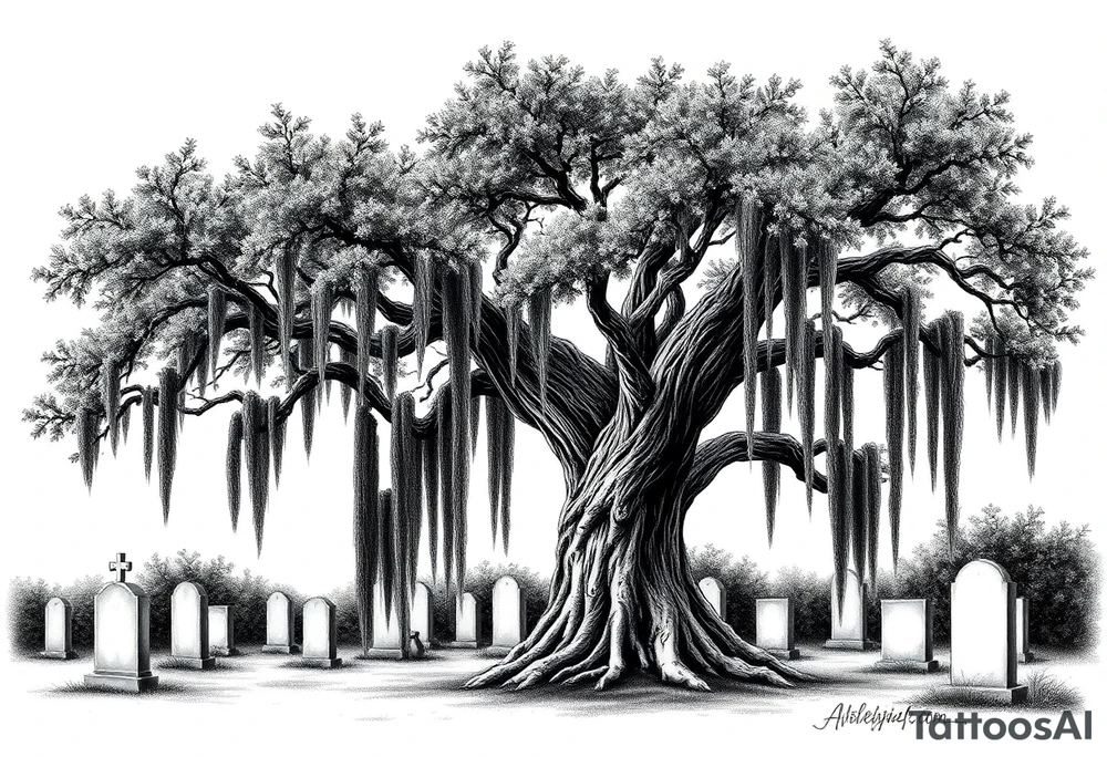 Laurel oak with Spanish moss in a cemetery tattoo idea