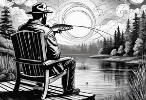 Man with halo  sitting in chair on dock 
fishing in a pond from a distance tattoo idea