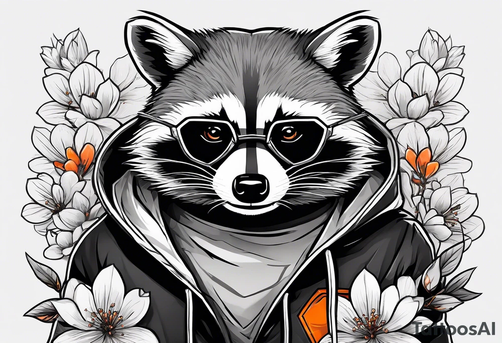 Raccoon wearing a white Superman logo on a black hoodie and orange Japanese cherry blossoms tattoo idea