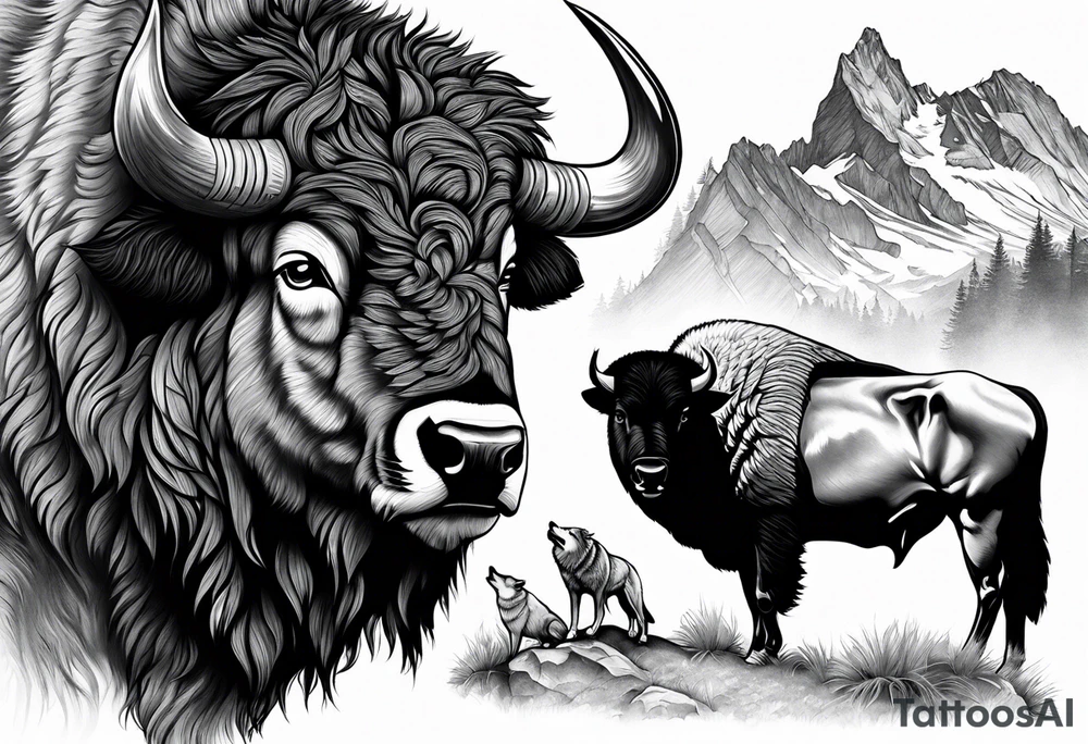 mountains cowboy bison wolf tattoo idea