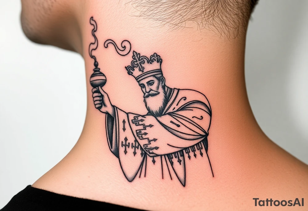 Russian Orthodox Priest in a fully detailed gold vestment swinging a censer with smoke curling upward tattoo idea