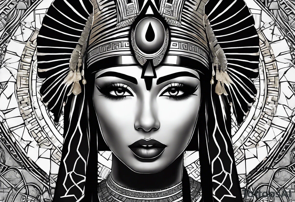 Egyptian figure girl. The figure should be full, featuring a regal headdress and detailed facial markings reminiscent of ancient Egyptian art. Include mystical and symbolic elements such as the Eye of Horus and ankh, blending subtly with geometric background patterns. 
Hyperrealism tattoo idea