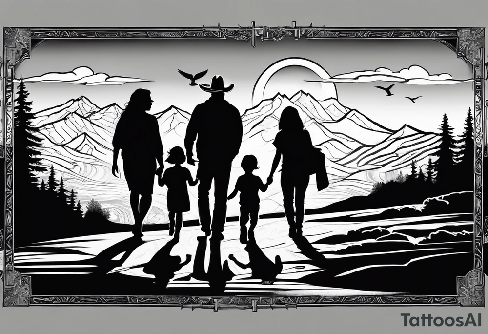 A shadow of a family of four walking through the Pacific northwest landscape. Faith centered and add Mexican culture .  Add border with crosses tattoo idea