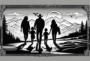 A shadow of a family of four walking through the Pacific northwest landscape. Faith centered and add Mexican culture .  Add border with crosses tattoo idea