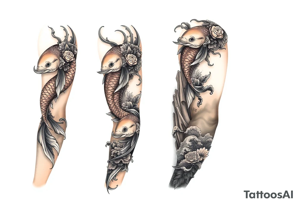 Koi fish and elephants with a wave design and underwater mountains  to go on the arm with alot of shading and intricate details tattoo idea