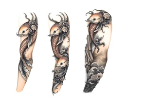 Koi fish and elephants with a wave design and underwater mountains  to go on the arm with alot of shading and intricate details tattoo idea