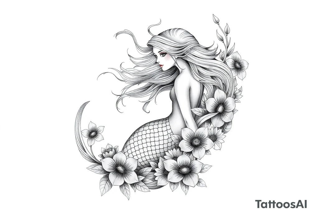 ethereal mermaid with flowing hair among coral and sea flowers tattoo idea