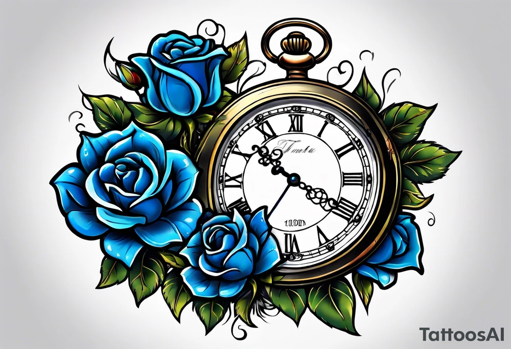 Pocket watch with blue roses tattoo idea